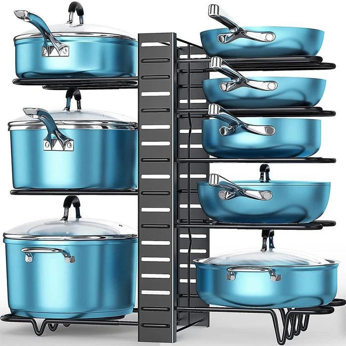 8-Tier Adjustable Kitchen Pan Storage Rack for Enhanced Organization and Durability