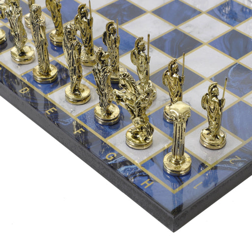 Timeless Elegance: Handcrafted Antique Chess Set - Chrome-Plated Sparta vs Persian Gold with Luxurious Sky Blue Marble Board