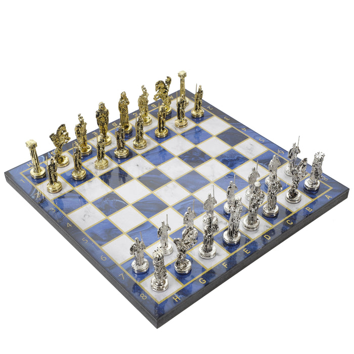 Timeless Elegance: Handcrafted Antique Chess Set - Chrome-Plated Sparta vs Persian Gold with Luxurious Sky Blue Marble Board