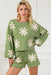 Elegant Floral Two-Piece Set with Stylish Bubble Sleeve Sweater and Comfortable Shorts