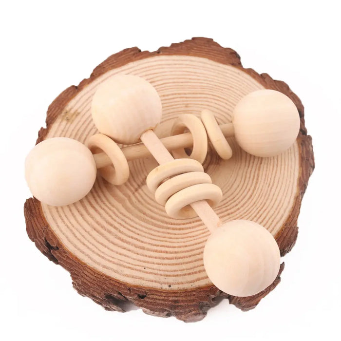 Natural Beech Wood Baby Rattle and Hand Bells - Montessori Educational Toys for Newborns