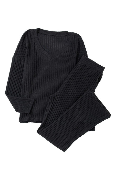 Elegant Black Ribbed V-Neck Lounge Set