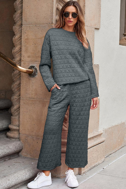 Charcoal Quilted Casual Set: Pullover & Trousers Combo