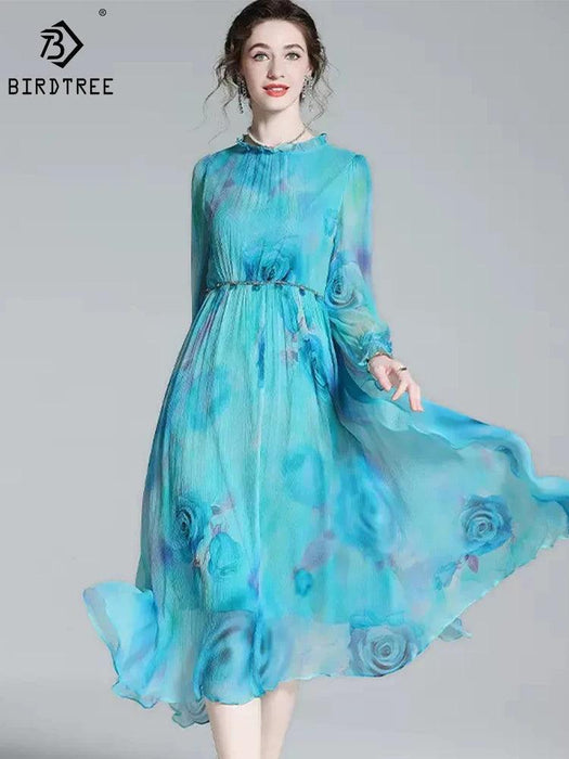 French Silk Flare Sleeve Dress with Floral A-line Skirt - Elegant Mulberry Silk Dress