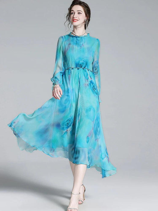 French Silk Flare Sleeve Dress with Floral A-line Skirt - Elegant Mulberry Silk Dress