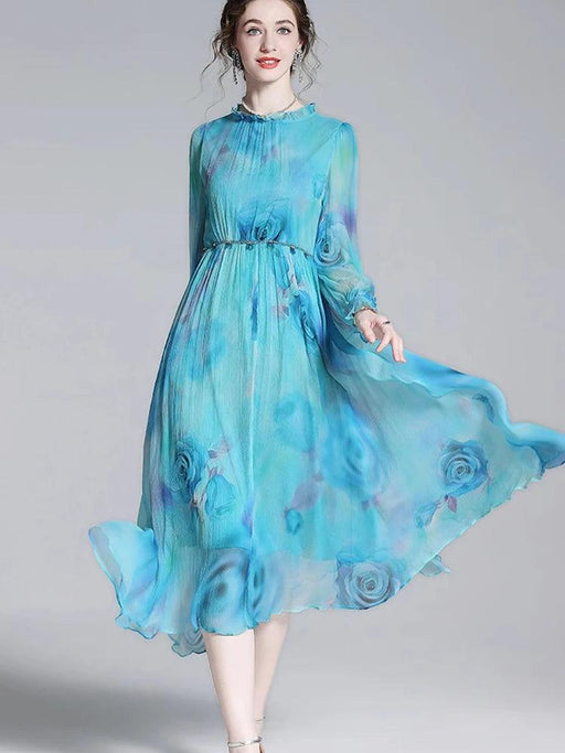 French Silk Flare Sleeve Dress with Floral A-line Skirt - Elegant Mulberry Silk Dress