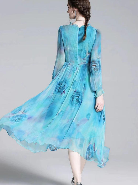 French Silk Flare Sleeve Dress with Floral A-line Skirt - Elegant Mulberry Silk Dress