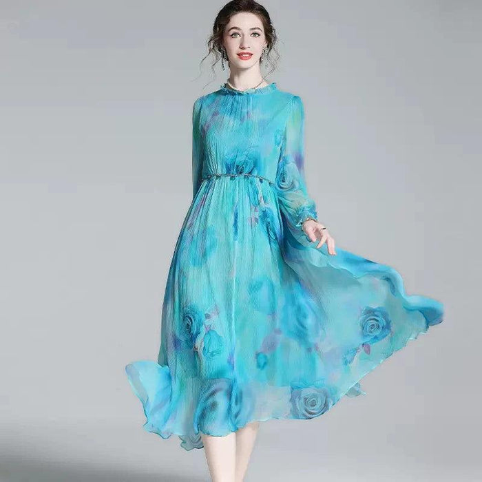 French Silk Flare Sleeve Dress with Floral A-line Skirt - Elegant Mulberry Silk Dress