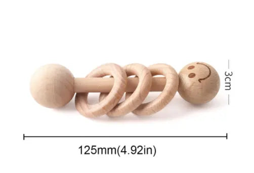 Natural Beech Wood Baby Rattle and Hand Bells - Montessori Educational Toys for Newborns