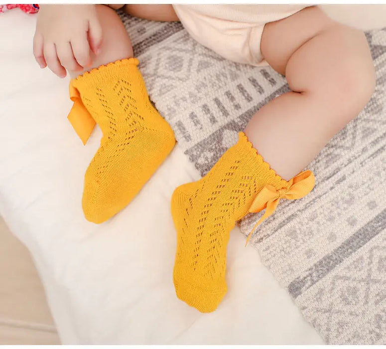 Adorable Cotton Baby Girl Socks with Stylish Bows - Breathable Short Socks