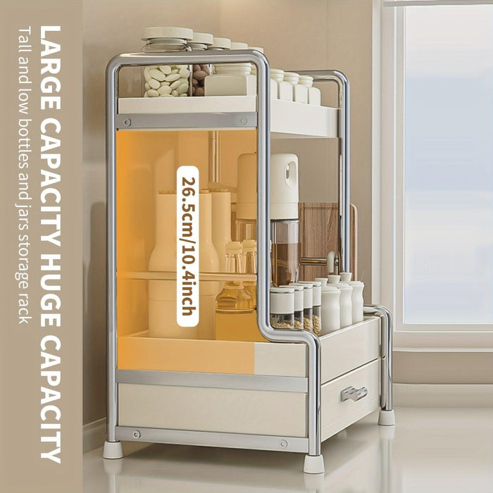 Elegant Milk White Stainless Steel Spice Organizer with Drawers, Chopping Board, and Utensil Holder for Home and Commercial Kitchens