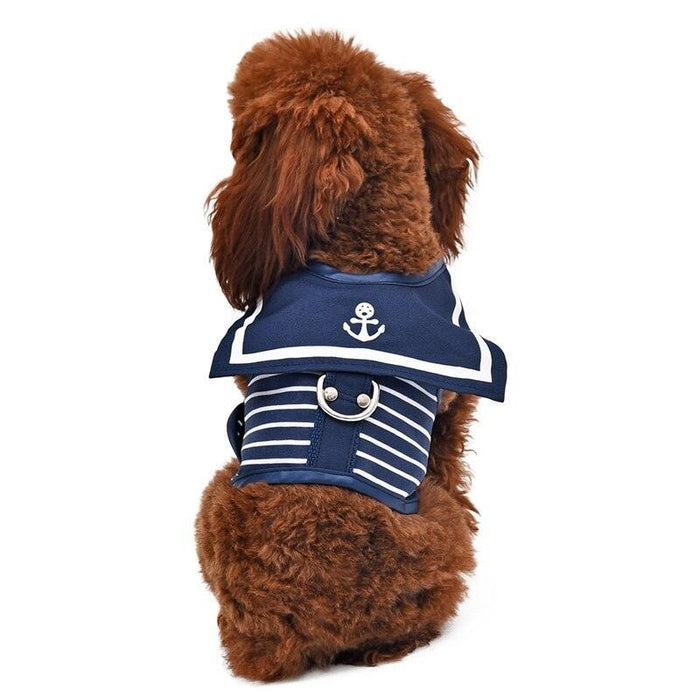 Stylish Navy Striped Dog Harness and Leash Set - Elegant Pet Outfit