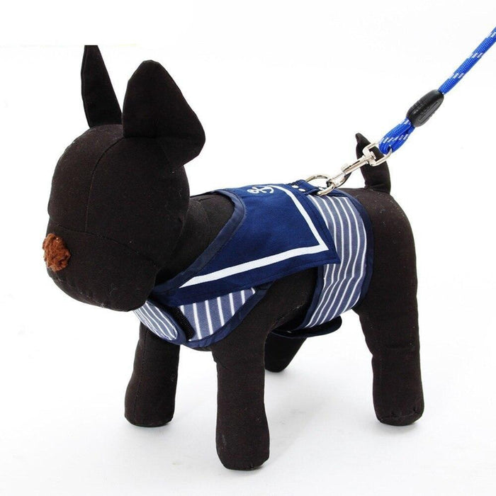 Stylish Navy Striped Dog Harness and Leash Set - Elegant Pet Outfit