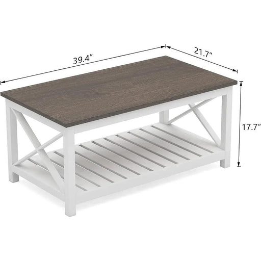 Rustic White Coffee Table with X-Cross Design and Storage Shelf - Easy to Assemble & Built to Last