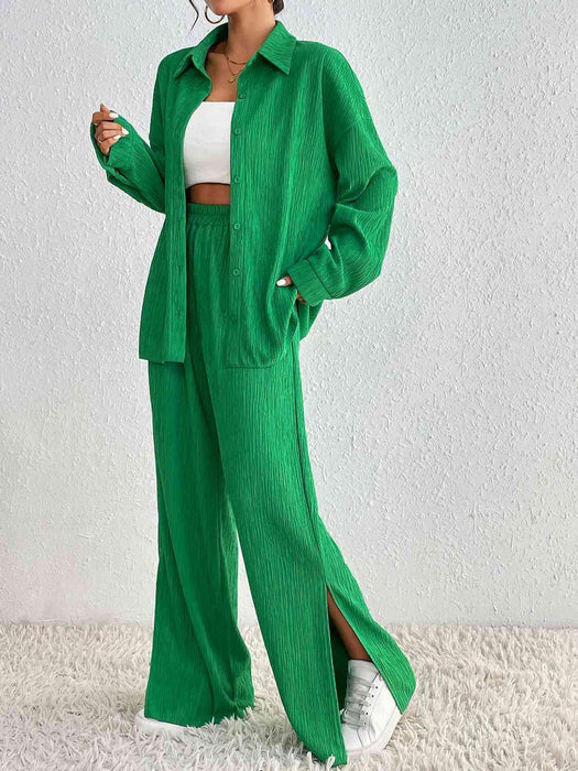 Elegant Collared Blouse and Slit Trousers Set in Stretchy Fabric