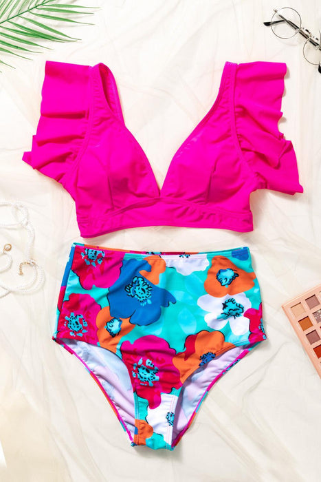 Floral Print Ruffled High-Waisted Bikini Set