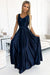 Chic Navy Blue Satin Maxi Dress with Elegant Bow Detail - European Design