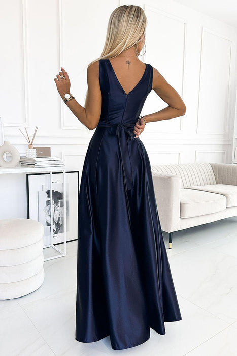 Chic Navy Blue Satin Maxi Dress with Elegant Bow Detail - European Design