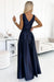 Chic Navy Blue Satin Maxi Dress with Elegant Bow Detail - European Design