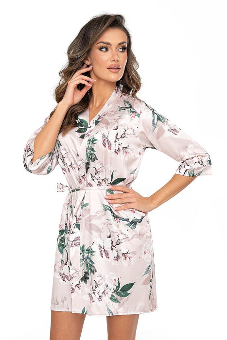 Elegant Powder Pink and Green Floral Satin NELLY Bathrobe