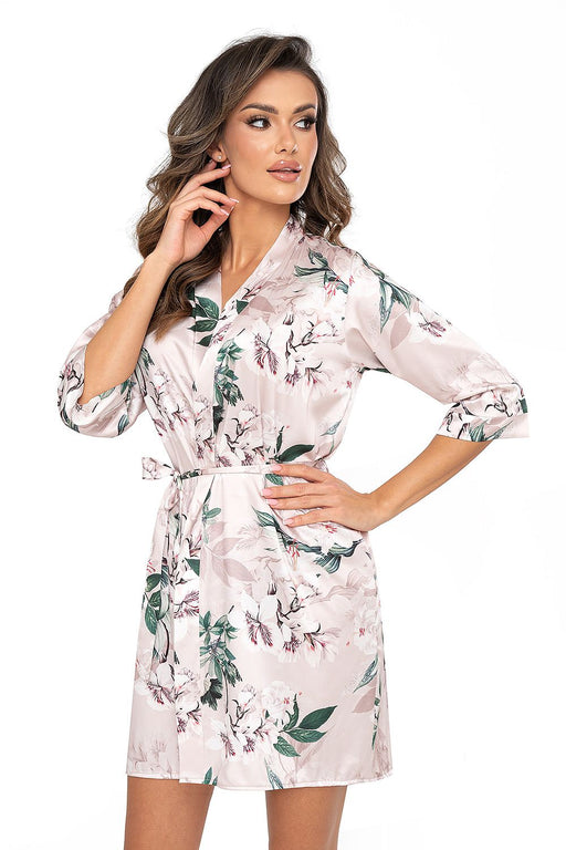 Powder Pink and Green Floral NELLY Bathrobe with Delicate Silk Satin