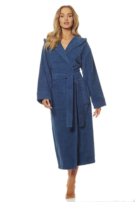 Cozy Hooded Navy Blue Cotton Bathrobe with Pockets and Waist Tie for Maximum Comfort