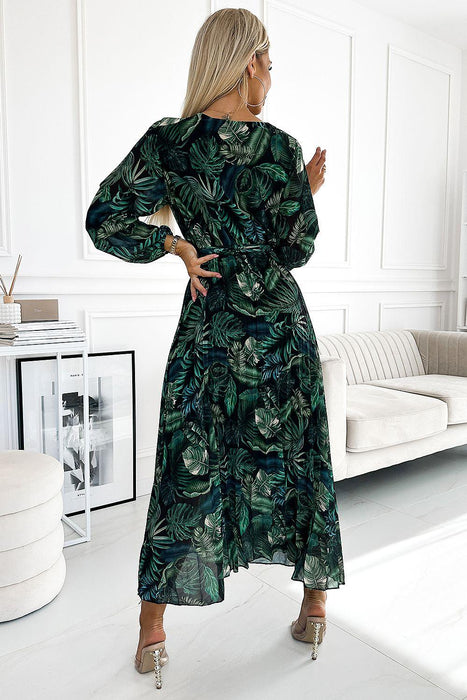 Leafy Green Chiffon Dress with Sophisticated Envelope Neckline by Numoco