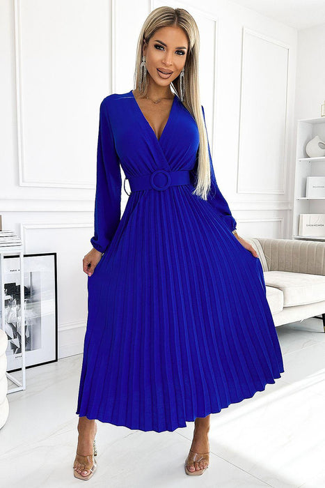 Sophisticated Ocean-Inspired Pleated Midi Dress with Elegant Envelope Neckline - Perfect for Any Occasion