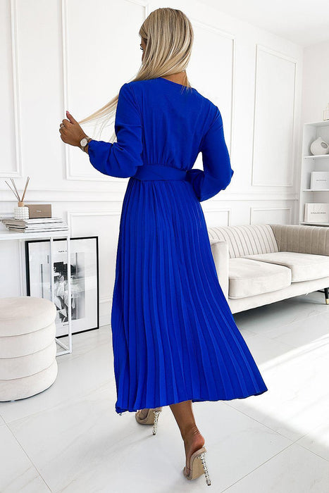 Sophisticated Ocean-Inspired Pleated Midi Dress with Elegant Envelope Neckline - Perfect for Any Occasion