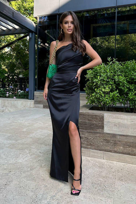 Elegant One-Shoulder Satin Evening Gown with Slit Detail