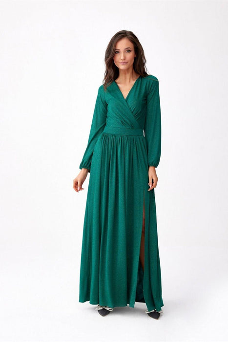 Glamorous Brocade Maxi Dress with Stylish Waist Belt and Eye-Catching Leg Cutout - Ideal for Elegant Events