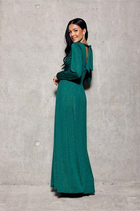 Glamorous Brocade Maxi Dress with Stylish Waist Belt and Eye-Catching Leg Cutout - Ideal for Elegant Events