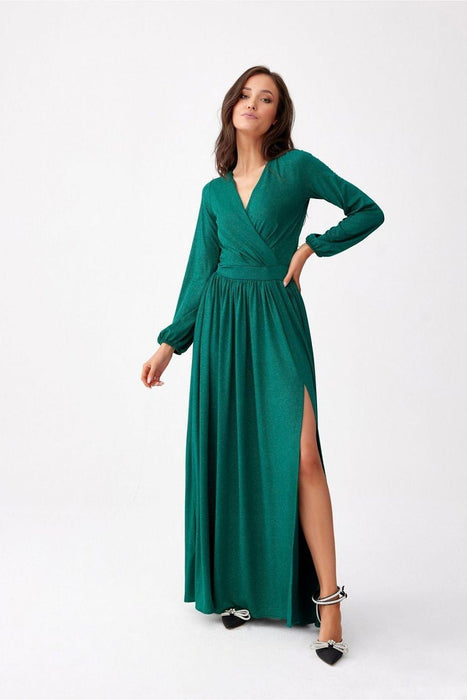 Glamorous Brocade Maxi Dress with Stylish Waist Belt and Eye-Catching Leg Cutout - Ideal for Elegant Events