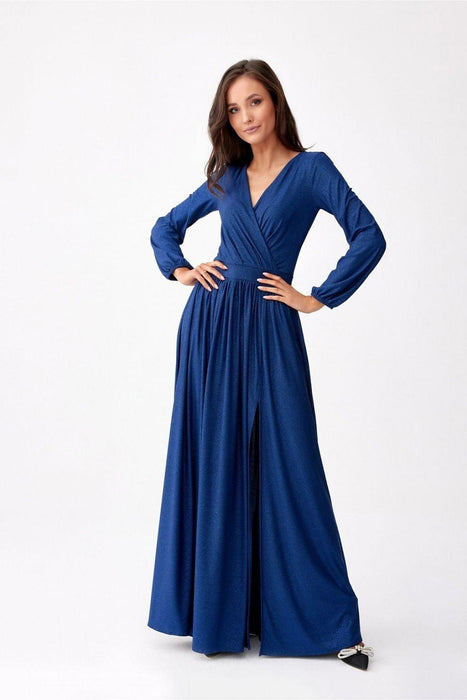 Glamorous Brocade Maxi Dress with Stylish Waist Belt and Eye-Catching Leg Cutout - Ideal for Elegant Events