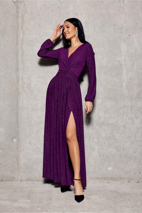 Glamorous Brocade Maxi Dress with Stylish Waist Belt and Eye-Catching Leg Cutout - Ideal for Elegant Events