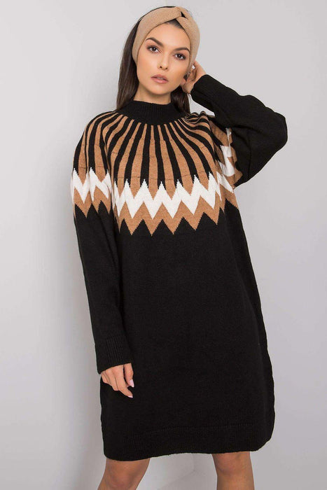 Chic Geometric Knit Turtleneck Day Dress