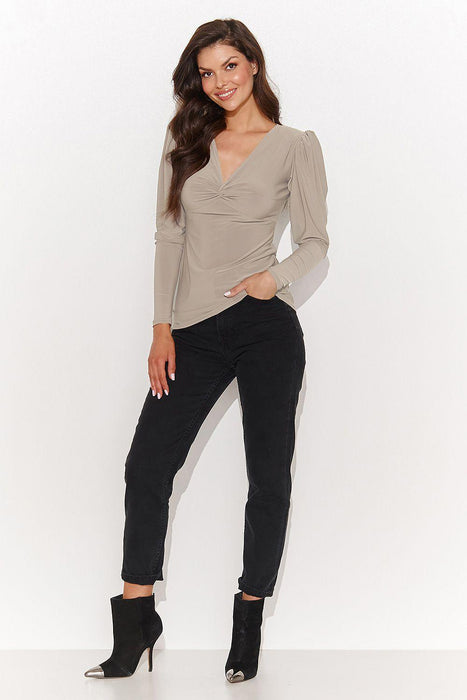 Chic V-Neck Blouse with Metal Plate Accent for Fashion-Forward Women