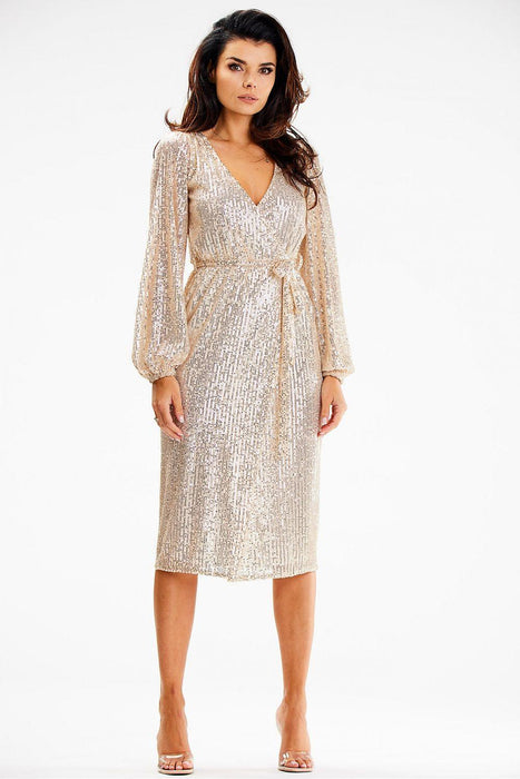 Glistening Sequin Wrap Dress with Elegant Side Ties and Ruching Details