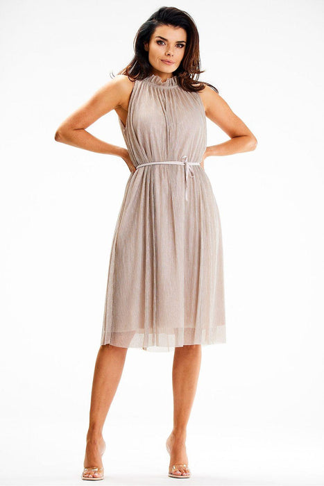 Chic Halter Neck Midi Dress with Decorative Collar and Satin Belt