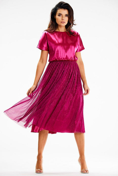 Elegant Satin and Mesh Kimono Sleeve Midi Dress