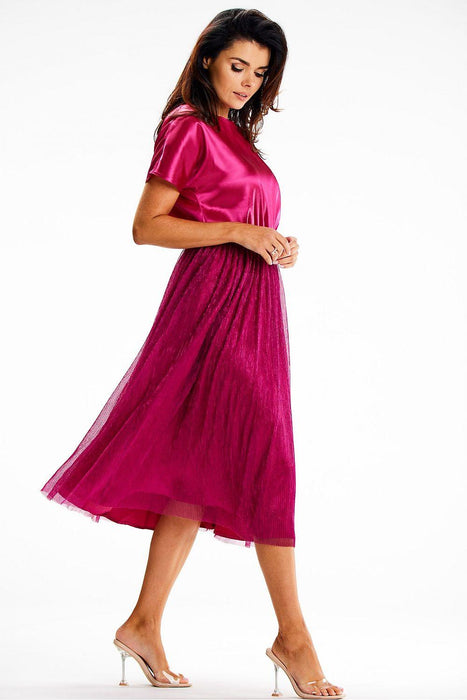 Elegant Satin and Mesh Kimono Sleeve Midi Dress