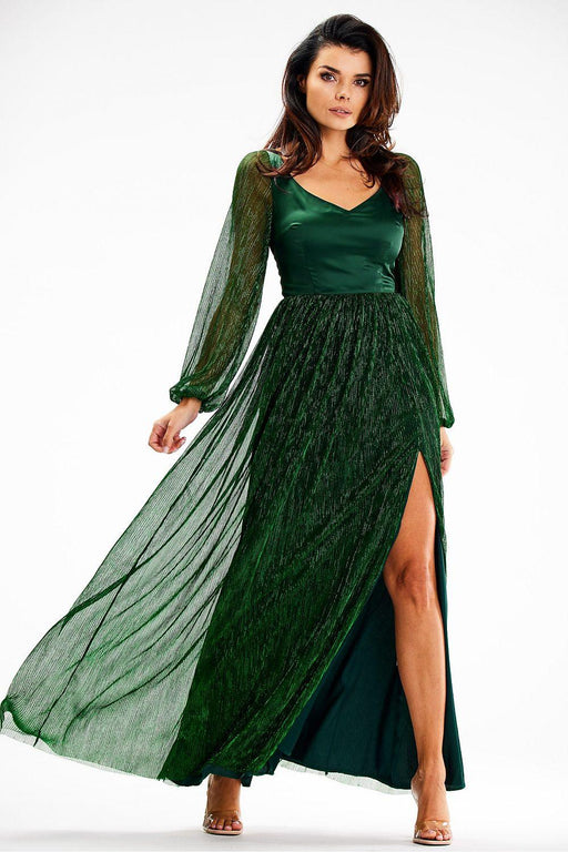 Elegant Sparkling Mesh Maxi Dress with Sassy Thigh Slit