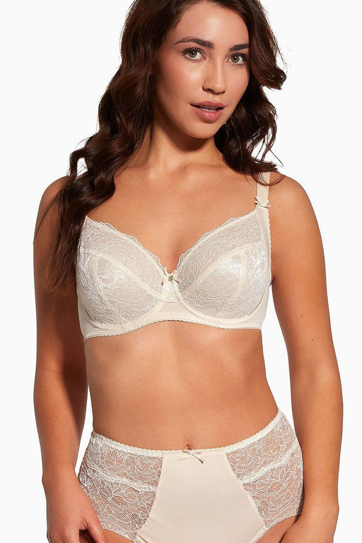 Elegant Beige Lace Tulip Bra with Enhanced Side Support