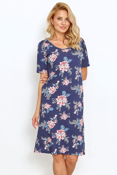 Navy Blue Floral Cotton Knee-Length Nightgown