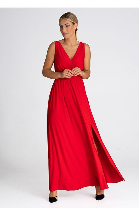 Sophisticated V-Neck Maxi Dress with Eye-Catching Front Slit and Tailored Waist Detail