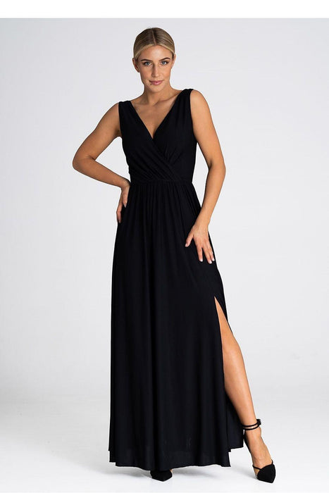 Sophisticated V-Neck Maxi Dress with Eye-Catching Front Slit and Tailored Waist Detail