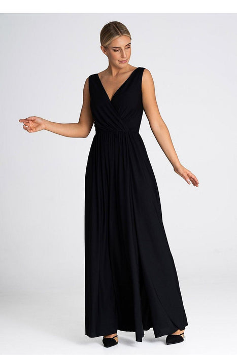 Sophisticated V-Neck Maxi Dress with Eye-Catching Front Slit and Tailored Waist Detail