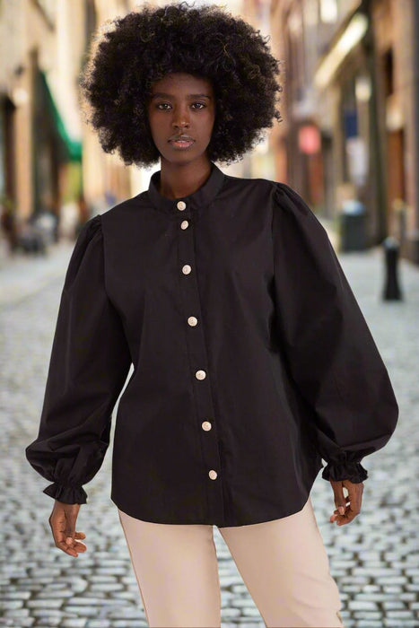 Elegant Frill-Trimmed Long Sleeve Blouse by Lakerta