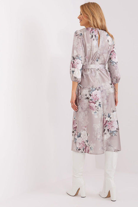 Blossom-Print Midi Dress with Elegant Puff Sleeves and Waist Tie