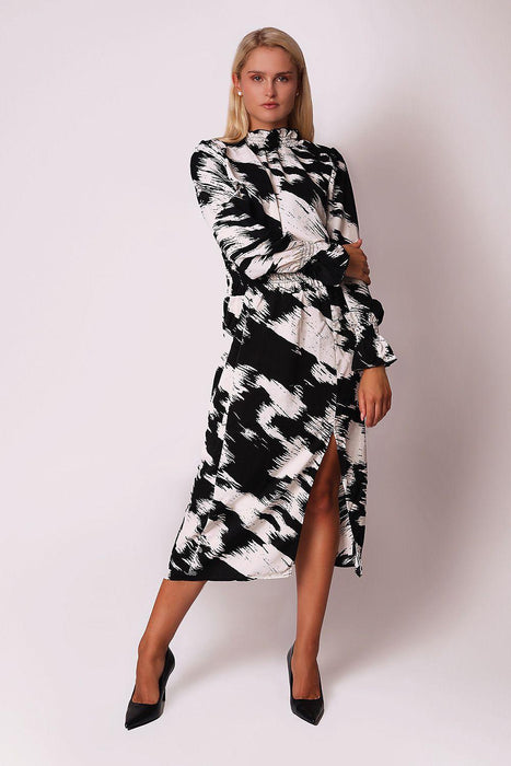 Sophisticated Black and White Ruffled Midi Dress